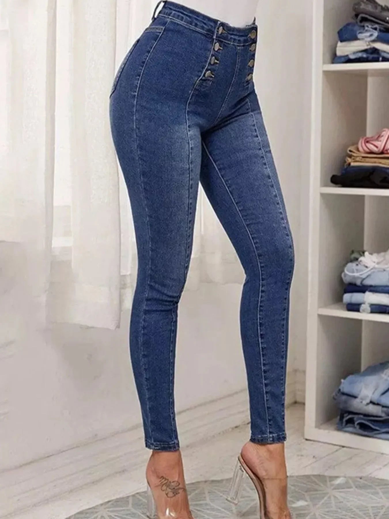 Full Size High-Waisted Double-Breasted Skinny Jeans Plus Size - Piña Colada