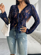Tie Front Long Sleeve Lace Top - Piña Colada