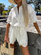 Eyelet Lace Button-Up Romper - Piña Colada