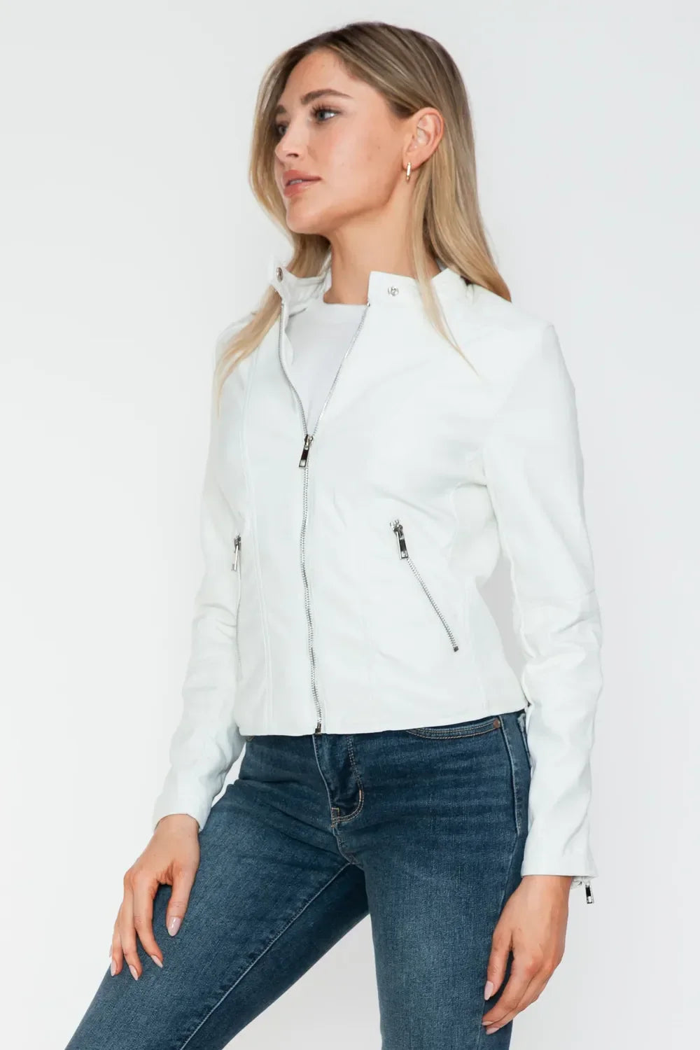 Snobbish PU Leather Zip Up Jacket with Pockets - Piña Colada