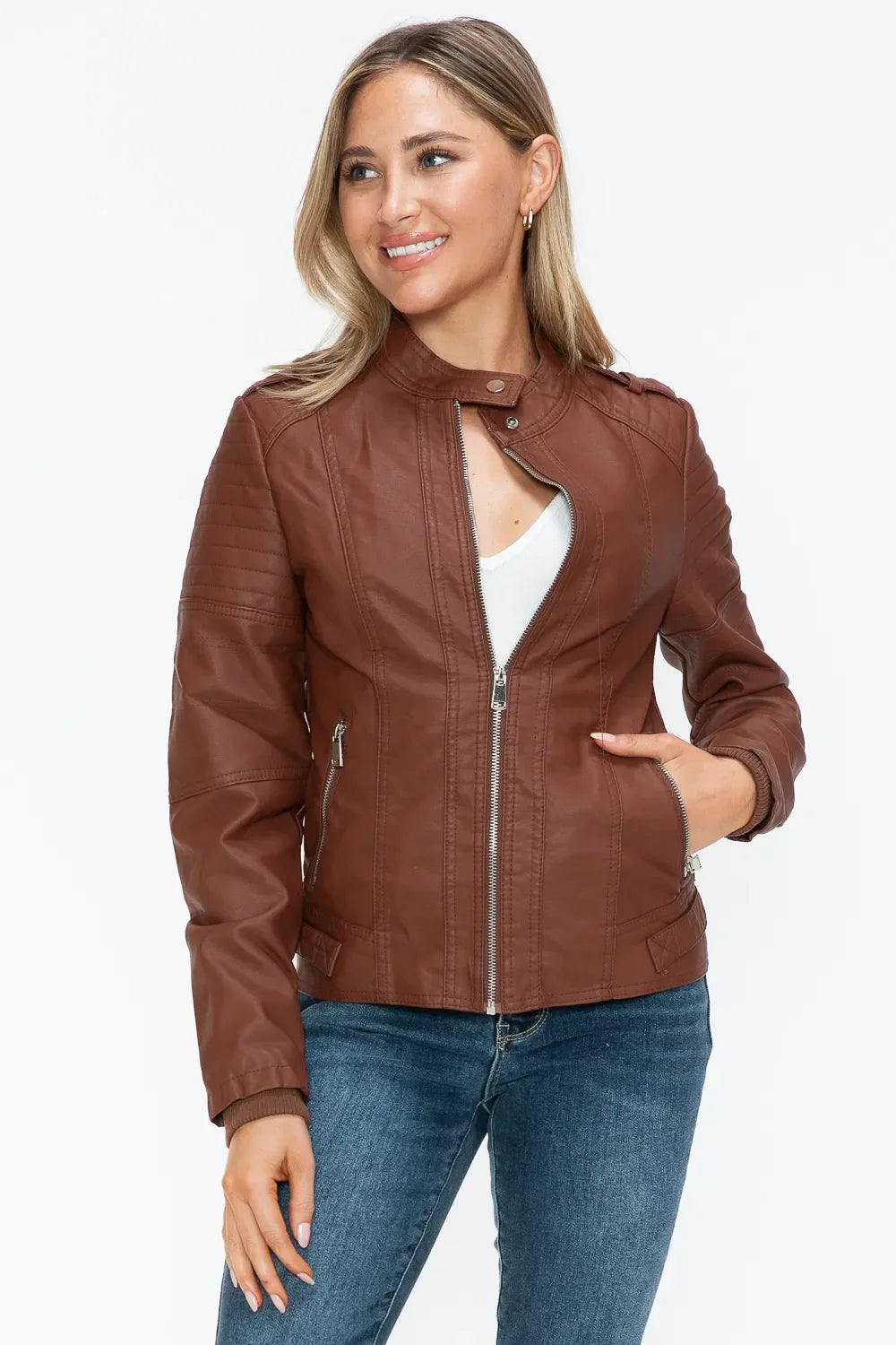 Snobbish PU Leather Biker Jacket with Side Zip Pockets - Piña Colada