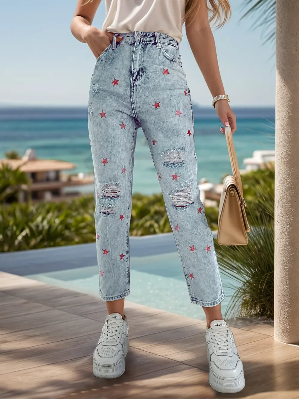 Distressed Star Jeans with Pockets - Piña Colada