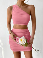 Ruched Single Shoulder Top and Skirt Set - Piña Colada