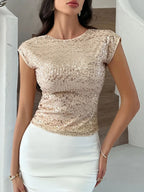Devine Sequin Round Neck Backless T-Shirt - Piña Colada