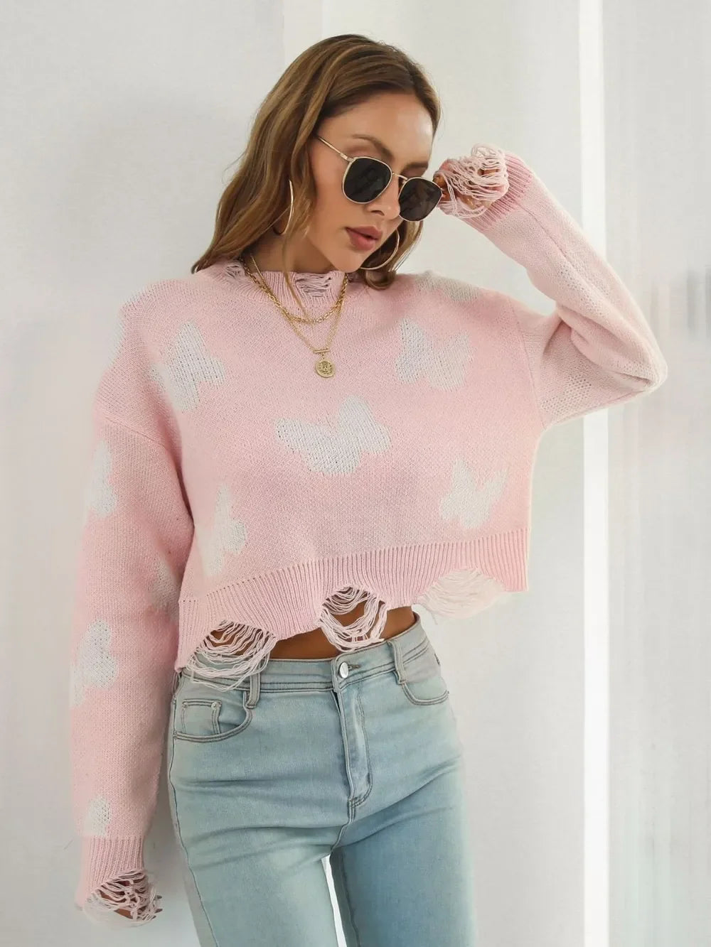 Distressed Butterfly Cropped Sweater - Piña Colada