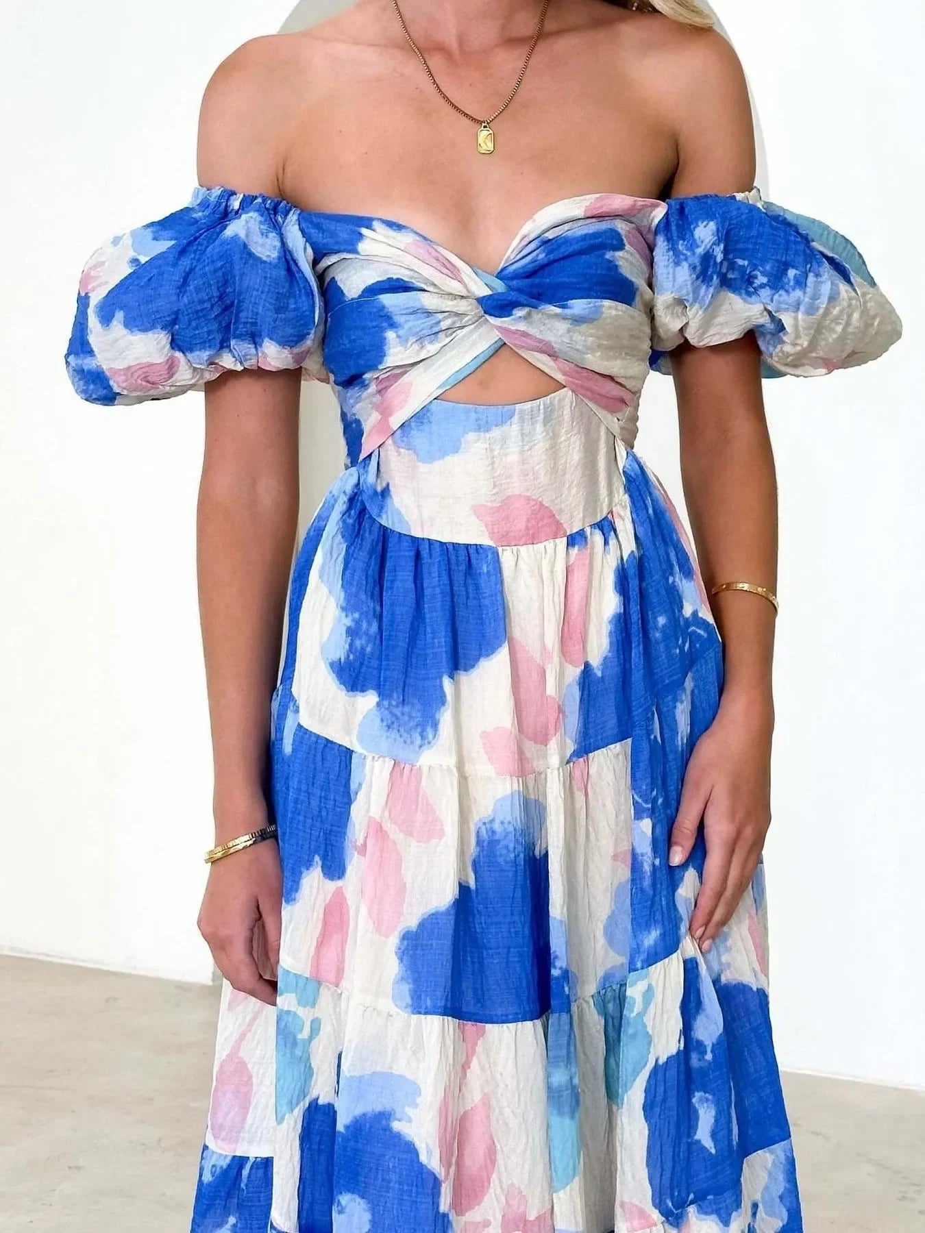 Off-Shoulder Floral Tiered Dress with Ruffle Details - Piña Colada