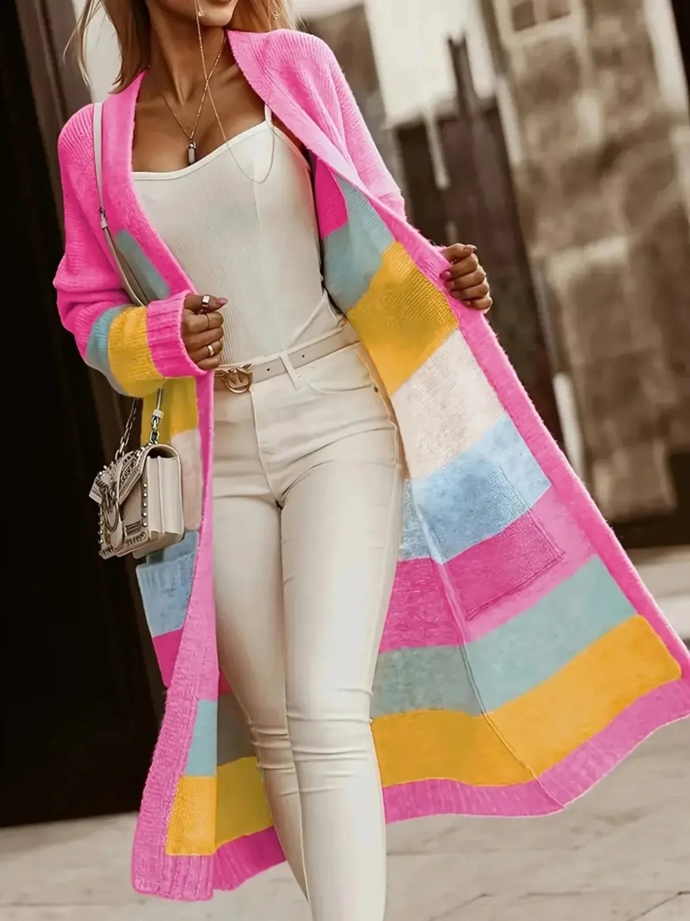 Color Block Open Front Cardigan - Piña Colada