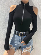 Zip Front Cold Shoulder Bodysuit - Piña Colada