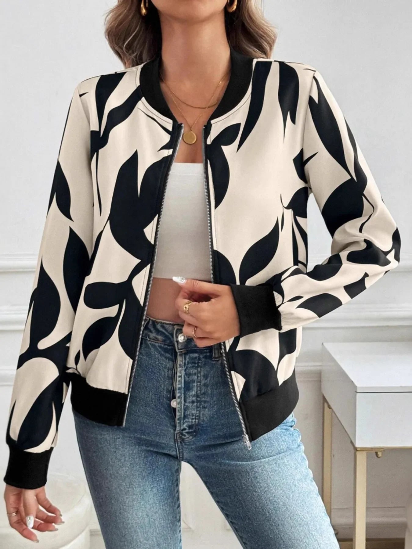 Printed Zip Up Long Sleeve Jacket - Piña Colada