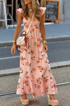 Pink Floral V Neck Smocked High Waist Ruffle Hem Maxi Dress - Piña Colada