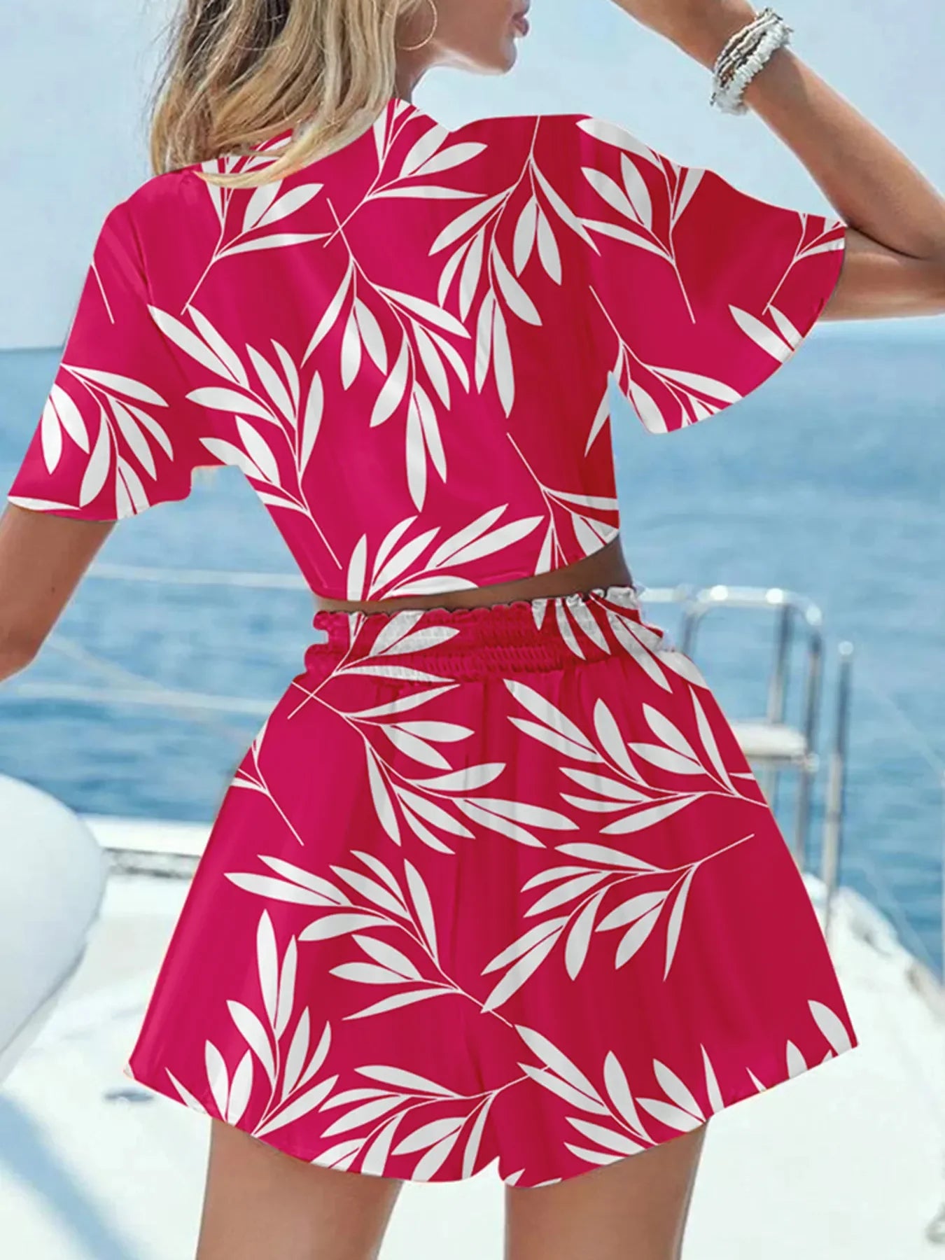 Printed Tie Front Top and Shorts Set - Piña Colada