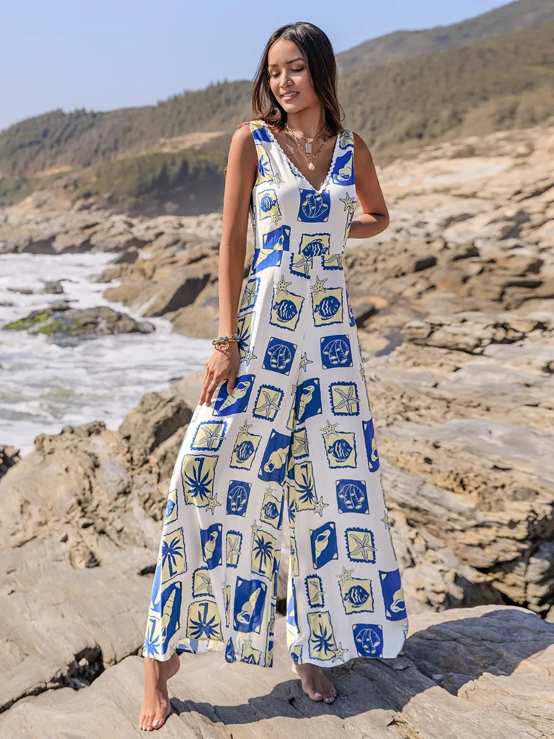 Printed V-Neck Wide Leg Jumpsuit - Piña Colada