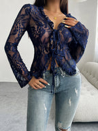 Tie Front Long Sleeve Lace Top - Piña Colada