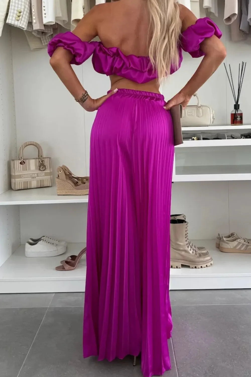 Off-Shoulder Top and Pleated Pants Set - Piña Colada