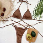 Halter Neck Crisscross Ribbed Bikini Set - Piña Colada