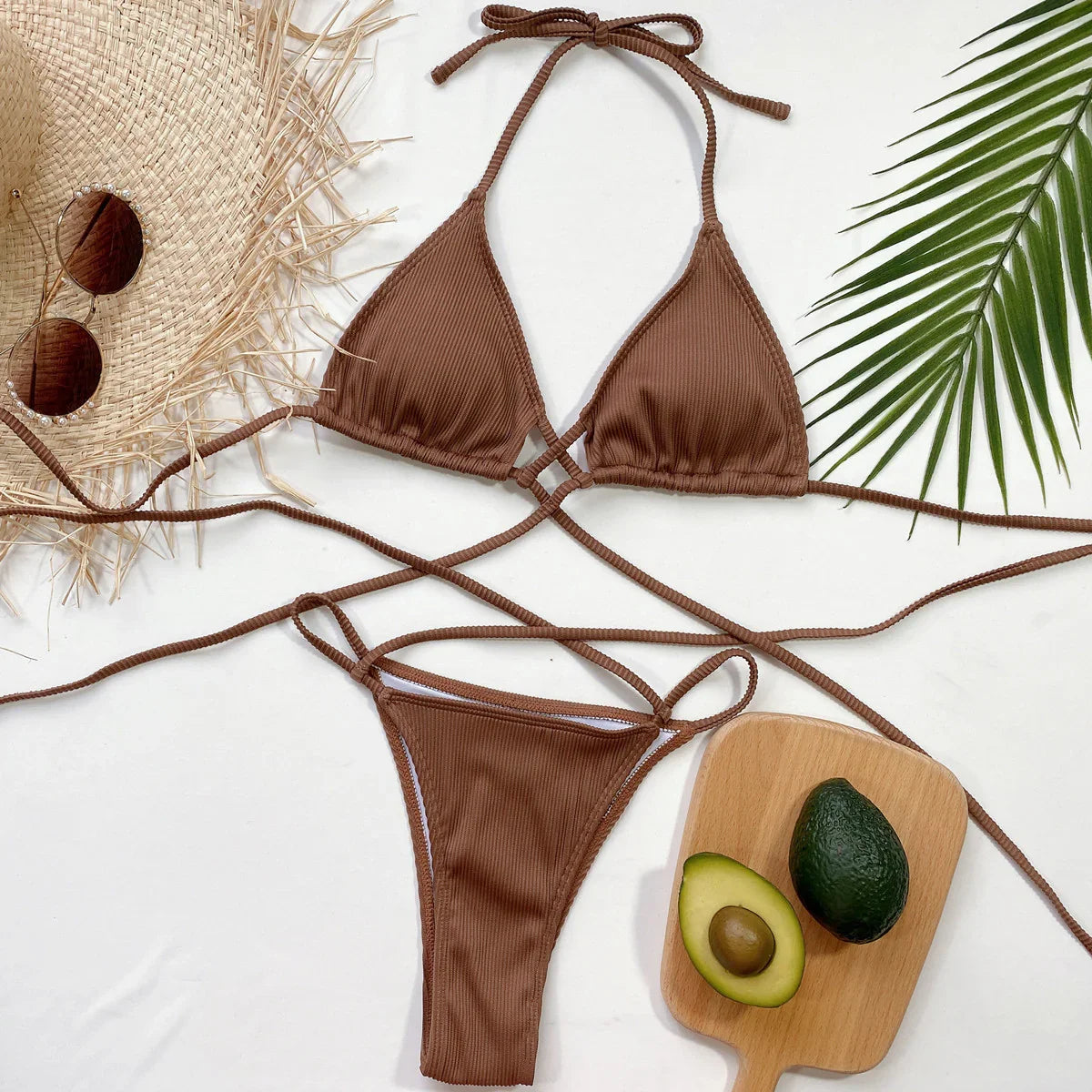 Halter Neck Crisscross Ribbed Bikini Set - Piña Colada