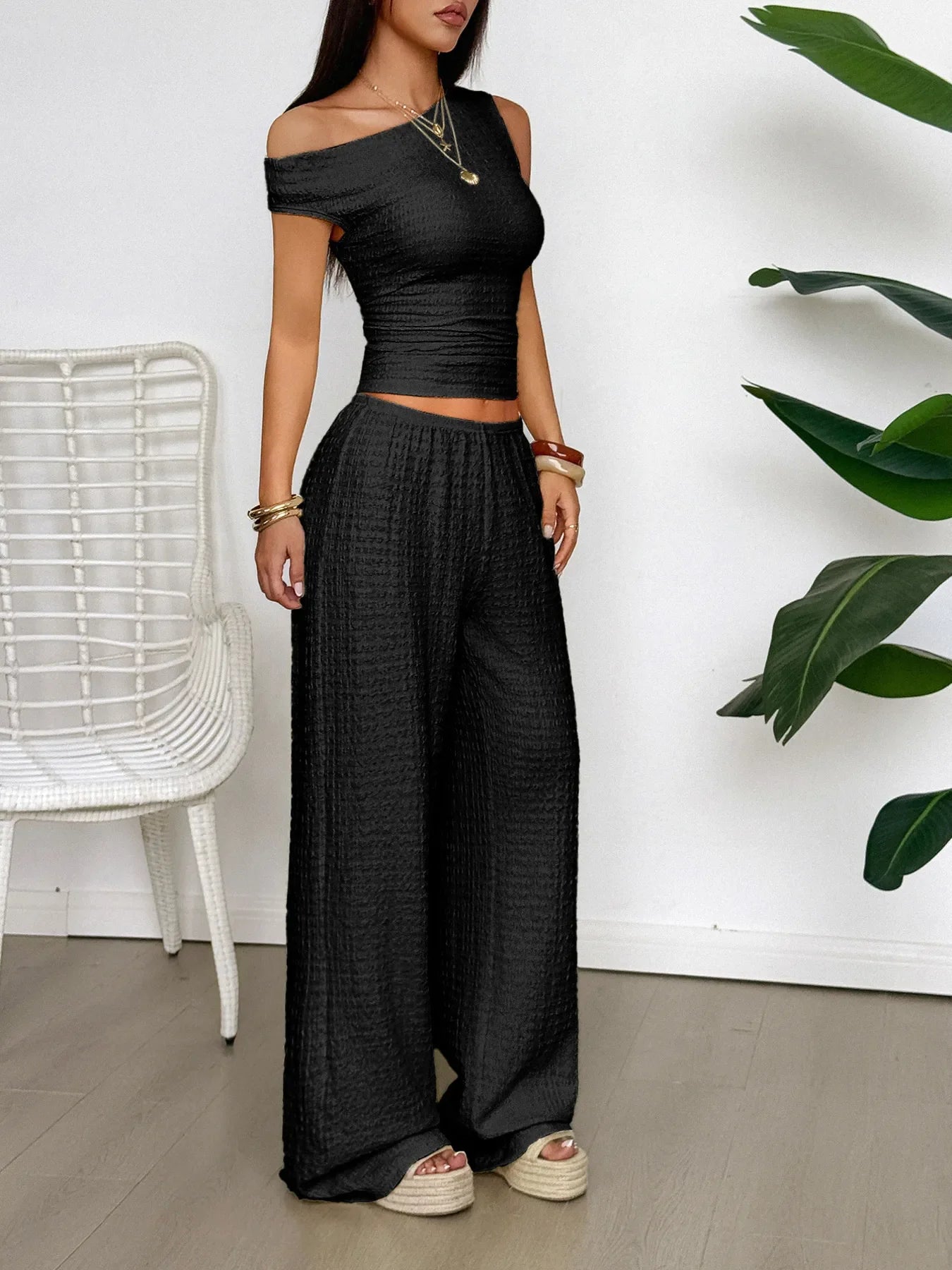 One Shoulder Top and Wide Leg Pants Set - Piña Colada
