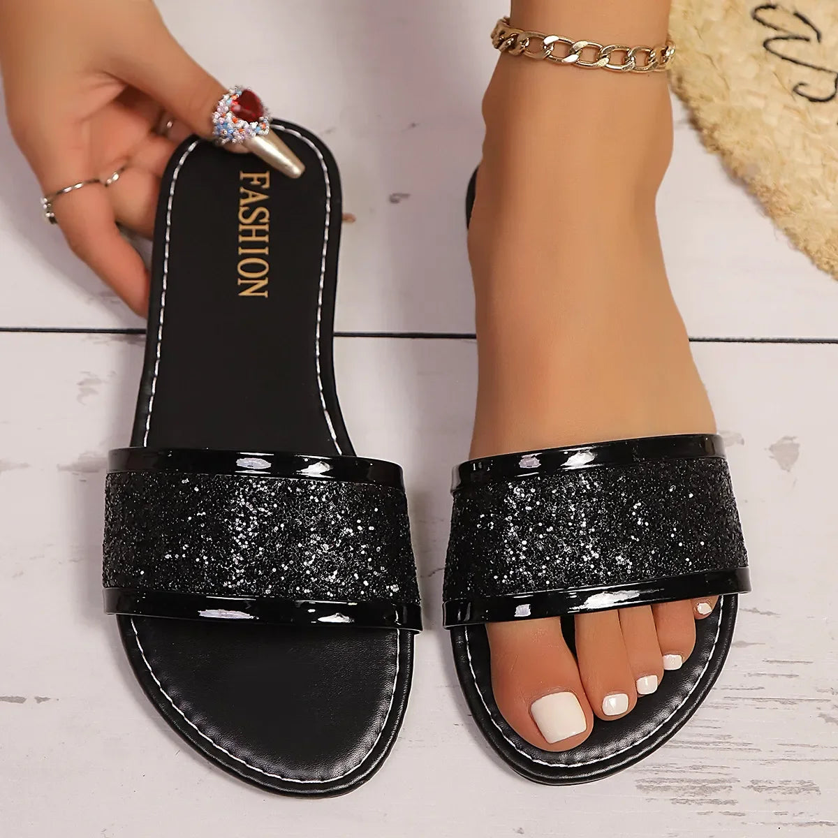 Glitter Open Toe Flat Sandals - Piña Colada