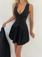 Button Up Vest and Pleated Mini Skirt Set - Piña Colada