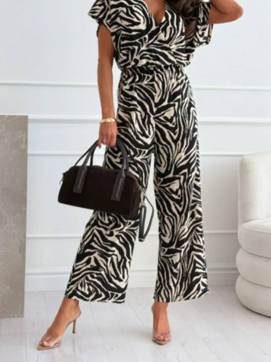 Leopard Print Short Sleeve Wide Leg Jumpsuit - Piña Colada