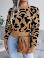 Leopard Round Neck Dropped Shoulder Sweater - Piña Colada