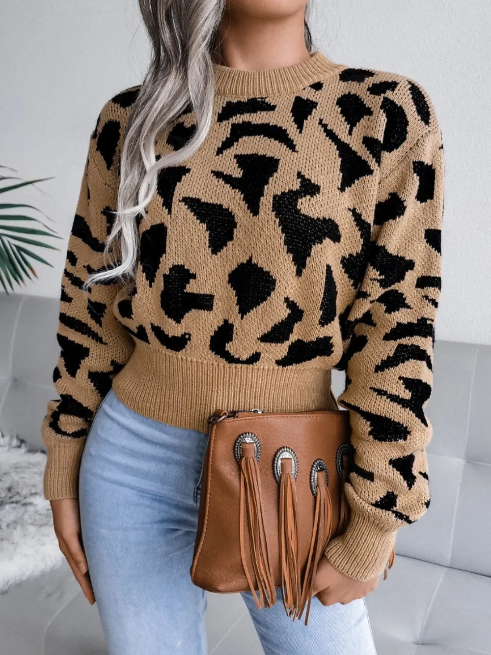 Leopard Round Neck Dropped Shoulder Sweater - Piña Colada