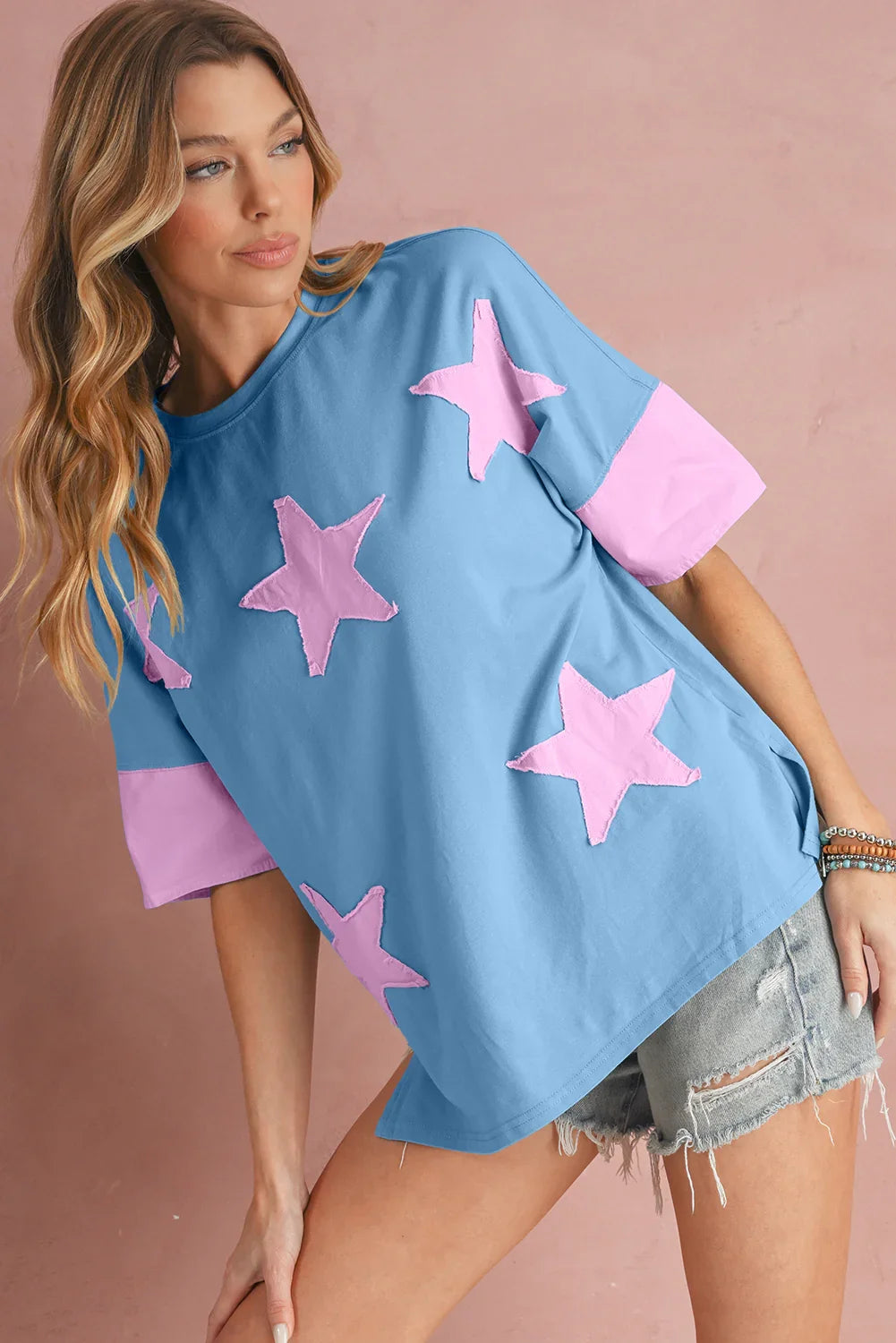 Oversized Star Patch T-Shirt – Raw Hem Split Design for Women - Piña Colada
