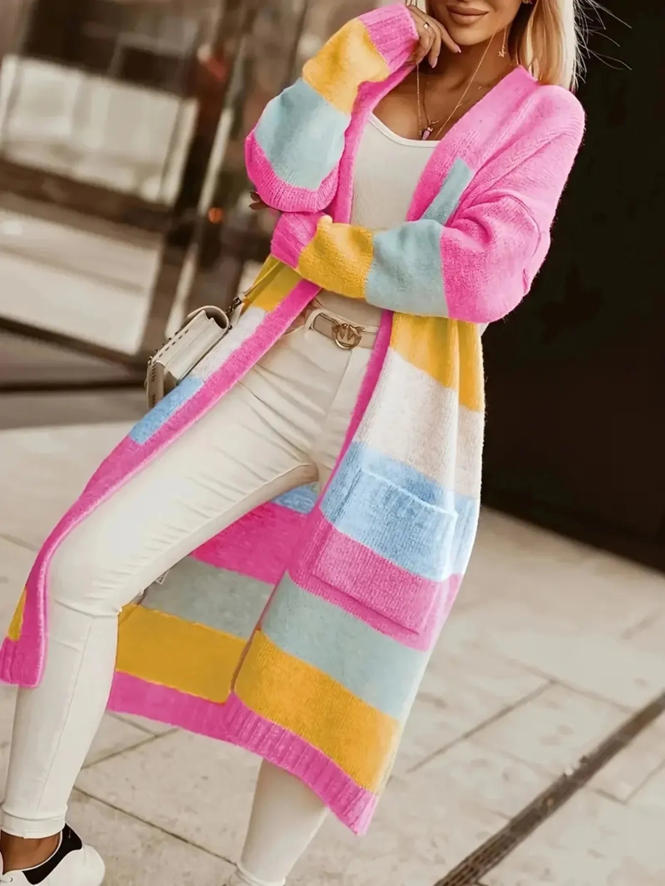 Color Block Open Front Cardigan - Piña Colada