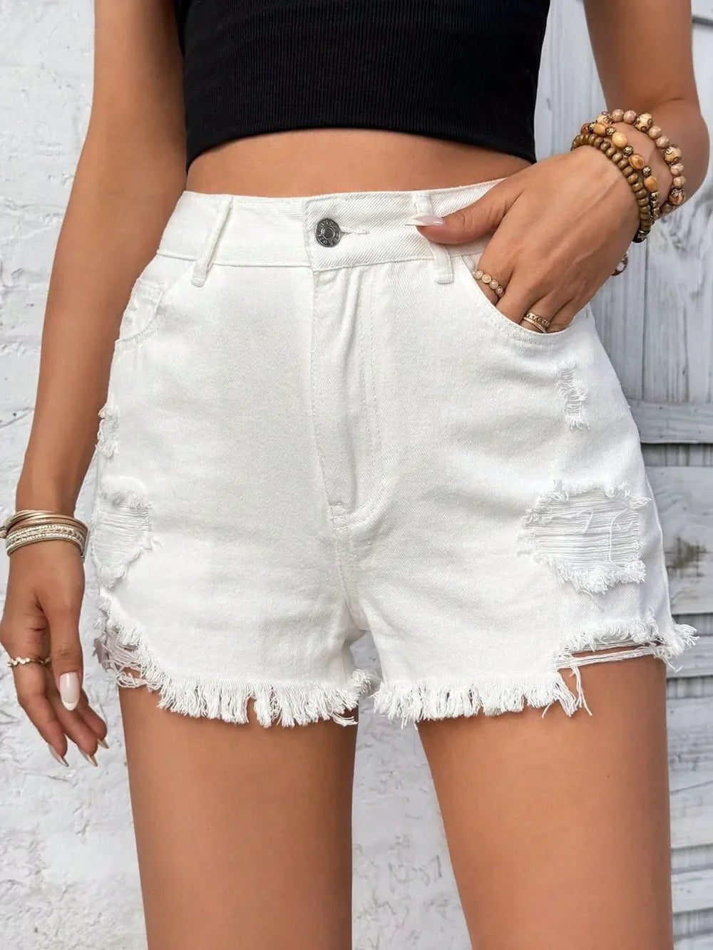 Distressed Raw Hem High Rise Denim Shorts - Piña Colada