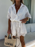 Eyelet Lace Button-Up Romper - Piña Colada