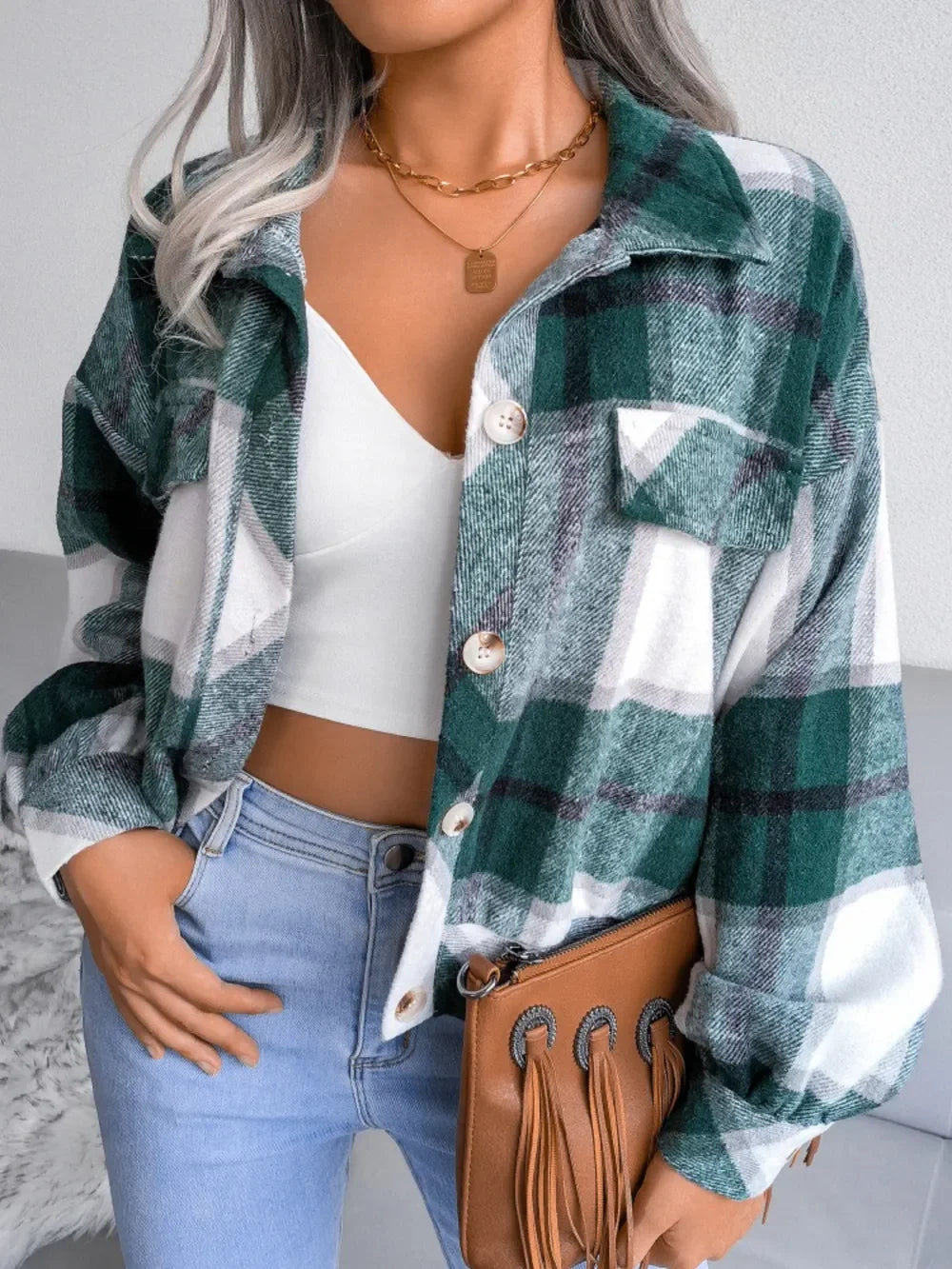 Plaid Collared Neck Long Sleeve Jacket - Piña Colada