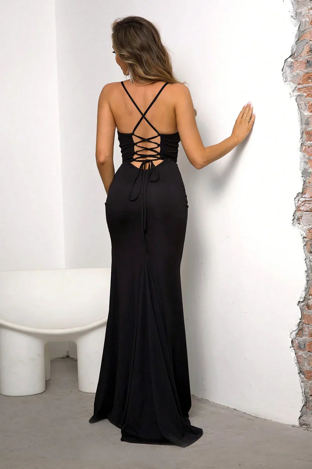 Lace-Up Spaghetti Strap Split Dress - Piña Colada