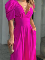 Full Size Cutout V-Neck Puff Sleeve Jumpsuit Plus Size - Piña Colada
