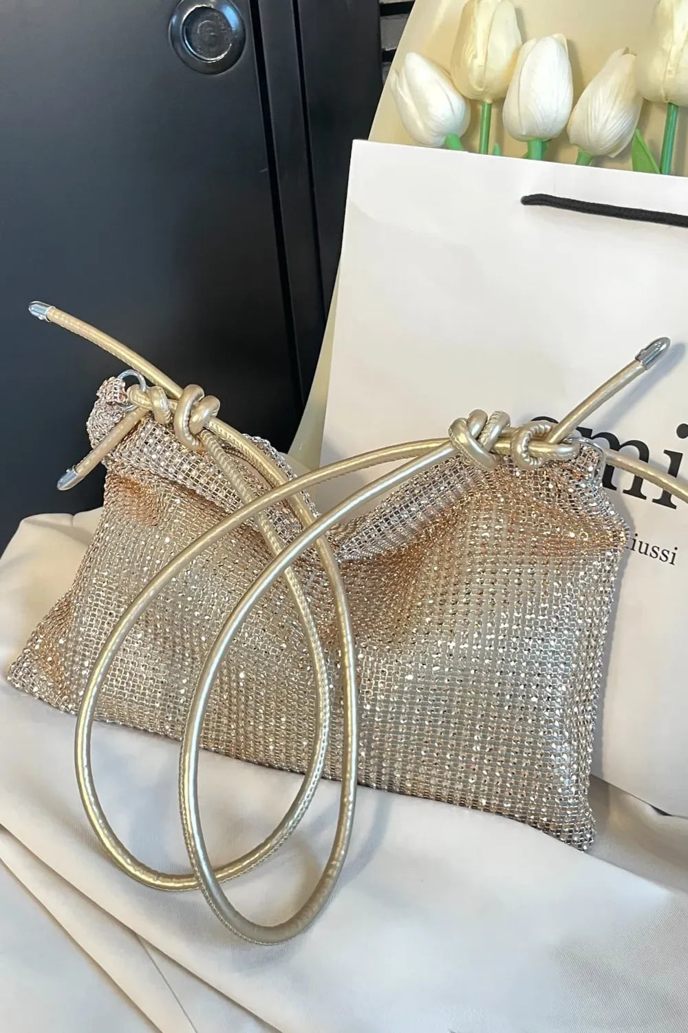 Rhinestone Knotted Strap Crossbody Bag - Piña Colada