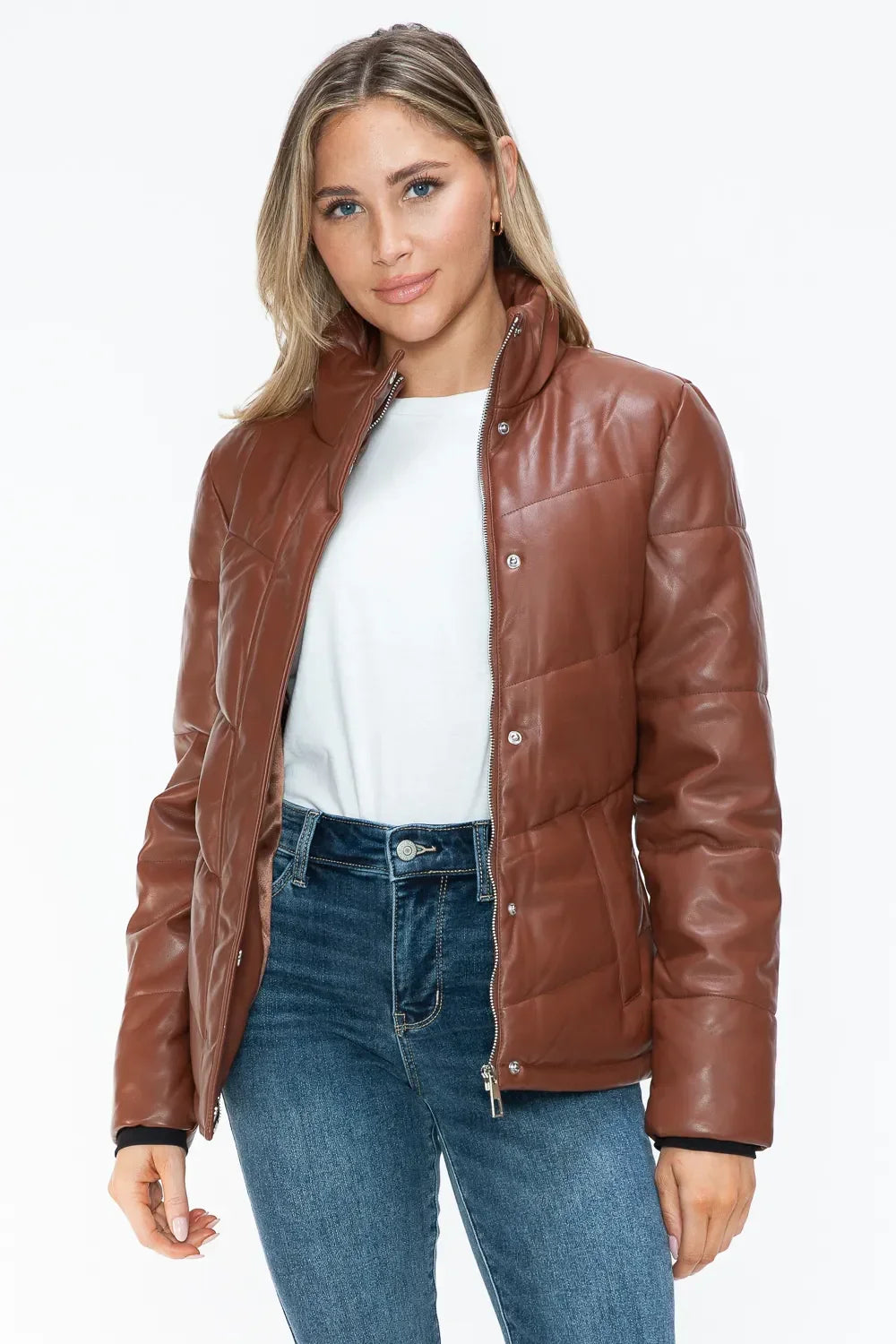 Snobbish Pocketed Zip Up Turtleneck Puffer Jacket - Piña Colada