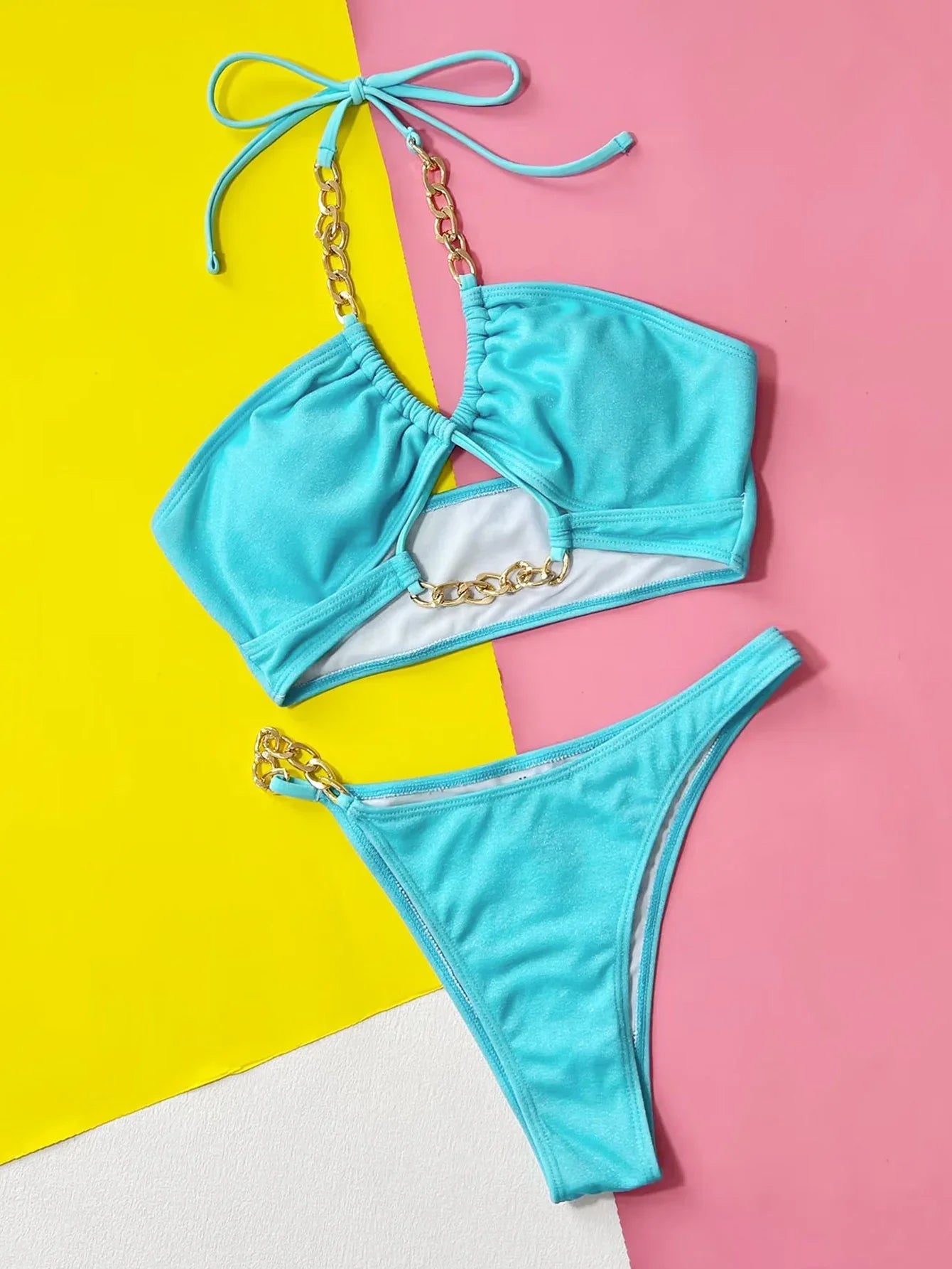 Halter Neck Chain Detail Two-Piece Bikini Set - Piña Colada