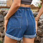 Drawstring High Waist Denim Shorts with Pockets - Piña Colada