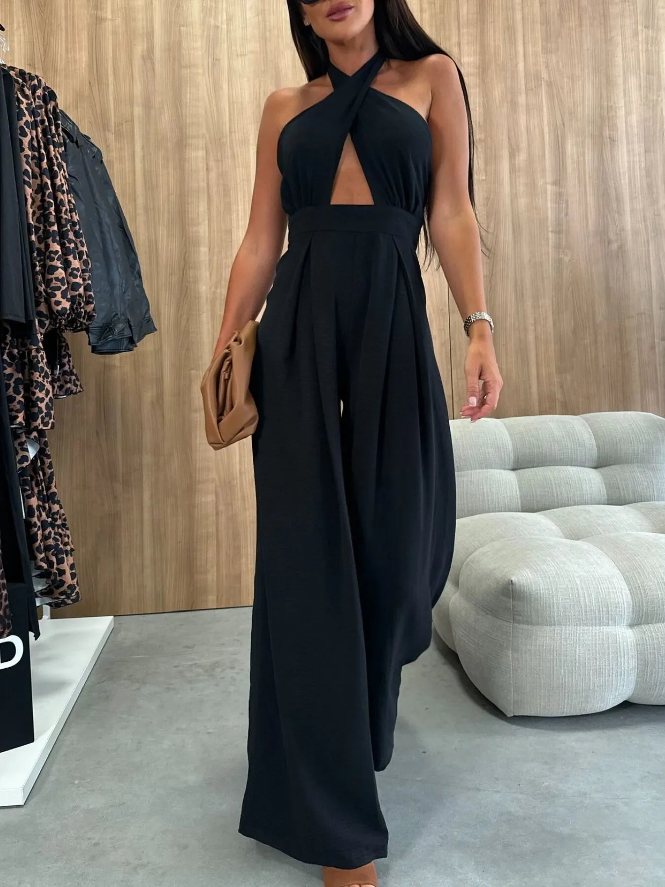 Wide Leg Cutout Halter Neck Jumpsuit - Piña Colada
