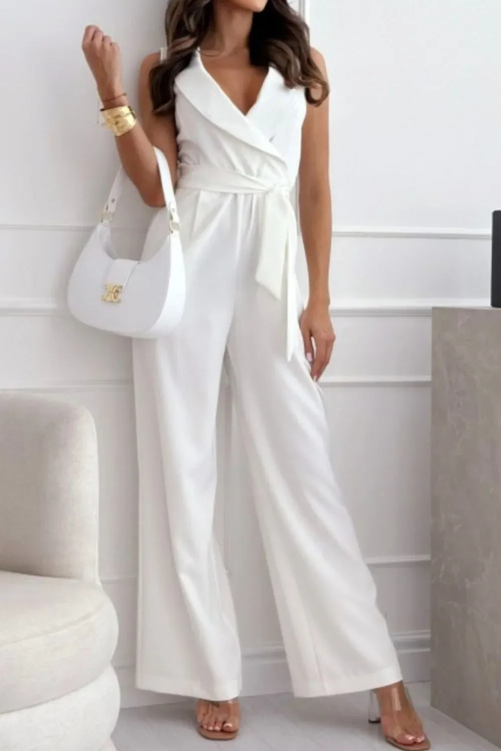 Surplice Sleeveless Wide Leg Jumpsuit - Piña Colada