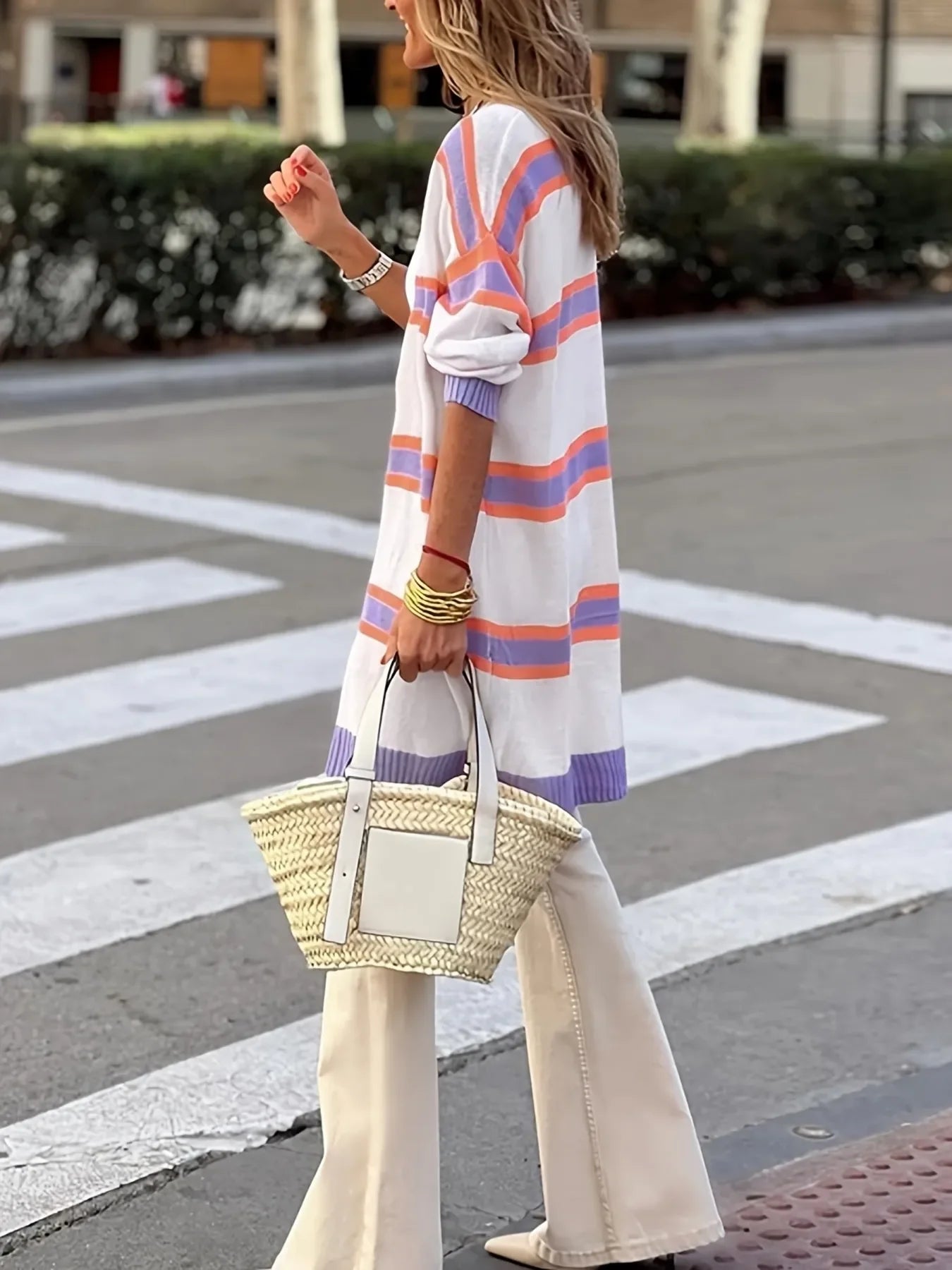 Striped Open Front Longline Cardigan - Piña Colada