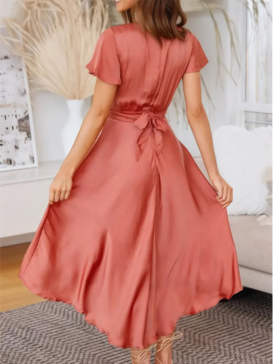 High-Low Plunge Flutter Sleeve Dress - Piña Colada