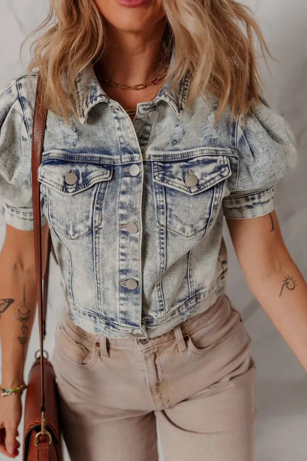 Wash Buttoned Chest Pocket Puff Sleeve Denim Jacket - Piña Colada