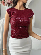 Devine Sequin Round Neck Backless T-Shirt - Piña Colada