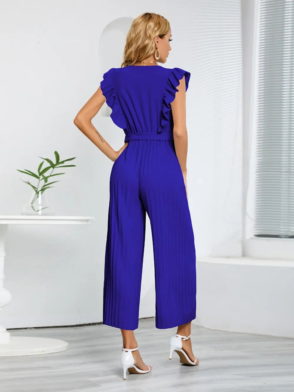 Ruffled Surplice Cap Sleeve Jumpsuit - Piña Colada