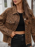 Leopard Print Raw Hem Denim Jacket - Piña Colada