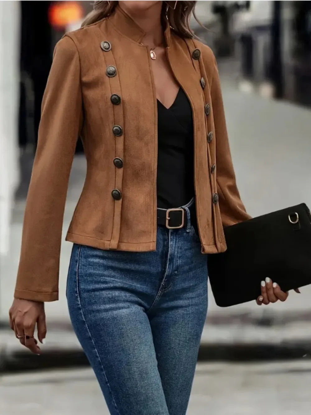 Decorative Button Open Front Long Sleeve Jacket - Piña Colada
