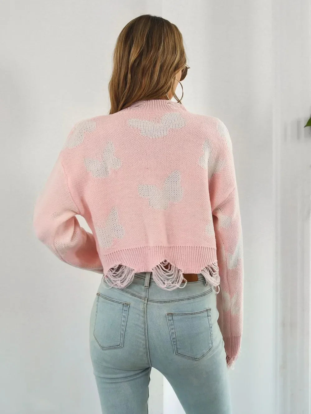 Distressed Butterfly Cropped Sweater - Piña Colada