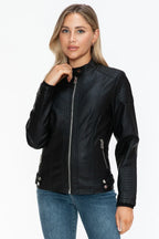 Snobbish Faux Leather Biker Jacket with Side Zip Pockets - Piña Colada