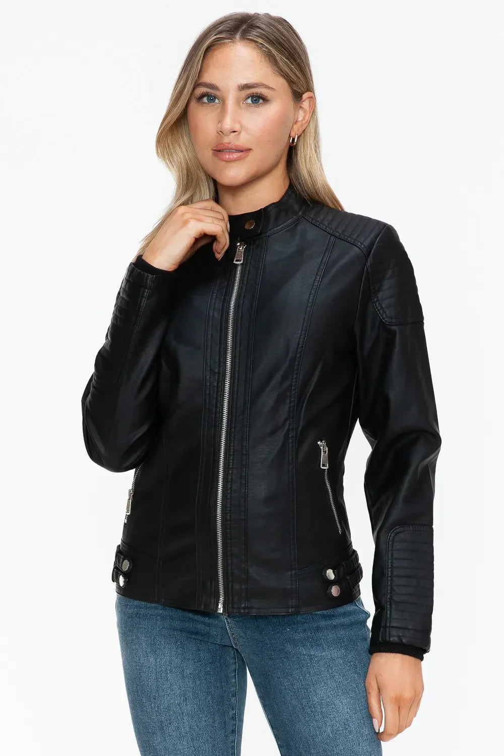 Snobbish Faux Leather Biker Jacket with Side Zip Pockets - Piña Colada
