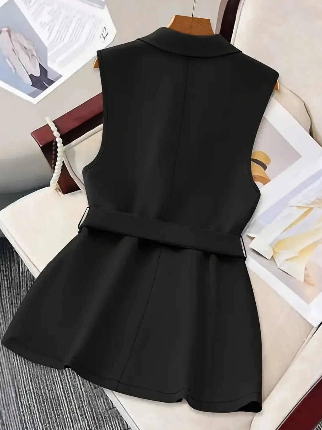 Tie Waist Lapel Collar Sleeveless Blazer - Piña Colada